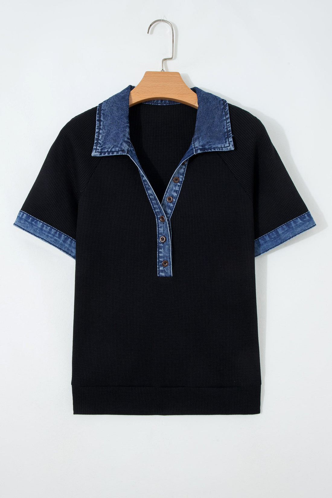 Denim Polo Collar Waffle Knit Patchwork Top
