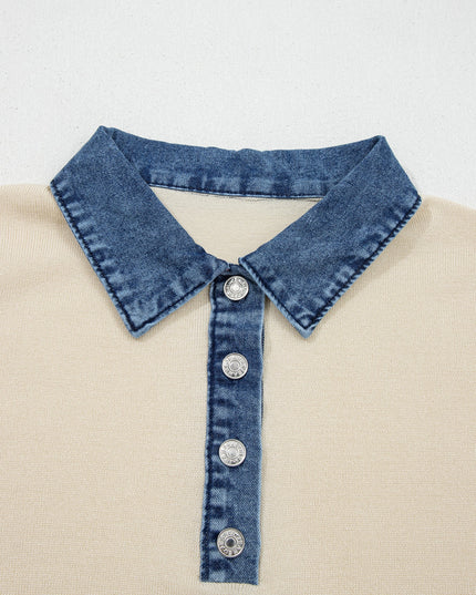 Denim Patchwork Polo Collar Short Sleeve Sweater
