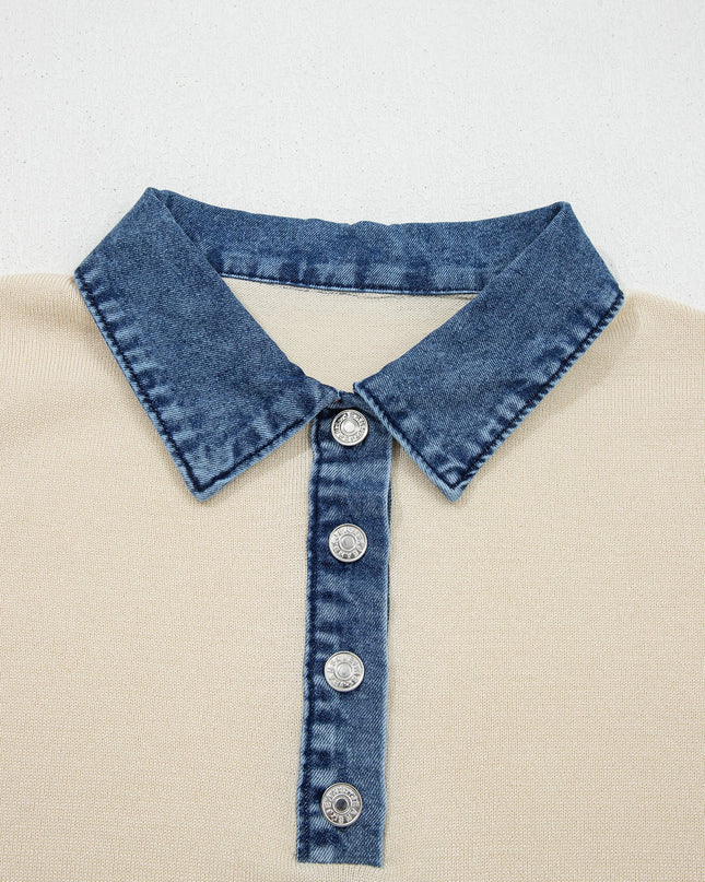 Denim Patchwork Polo Collar Short Sleeve Sweater