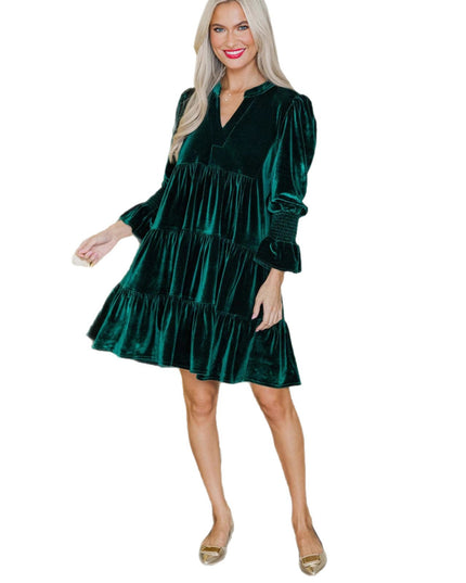 Long Sleeve Christmas Skirt Velvet Cake Dresses With Puffy Sleeves And V-Neck Mini Skirt Elegant Short Dress For Women New Year Party Clothing