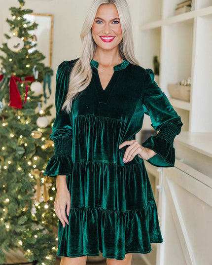 Long Sleeve Christmas Skirt Velvet Cake Dresses With Puffy Sleeves And V-Neck Mini Skirt Elegant Short Dress For Women New Year Party Clothing