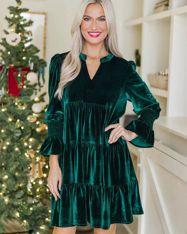 Long Sleeve Christmas Skirt Velvet Cake Dresses With Puffy Sleeves And V-Neck Mini Skirt Elegant Short Dress For Women New Year Party Clothing
