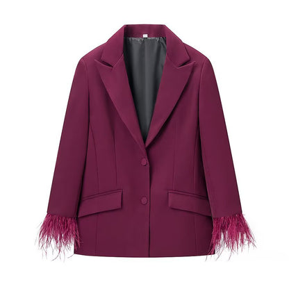 Womens Spring Fashion Suit Set Blazer With Feather Embellishments And Pants