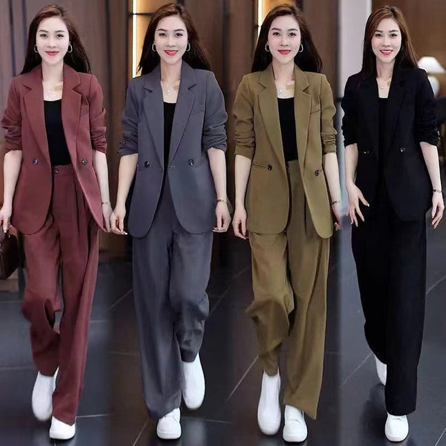 Loose, Slimming Casual Blazer And Wide-Leg Pants Two-Piece Set