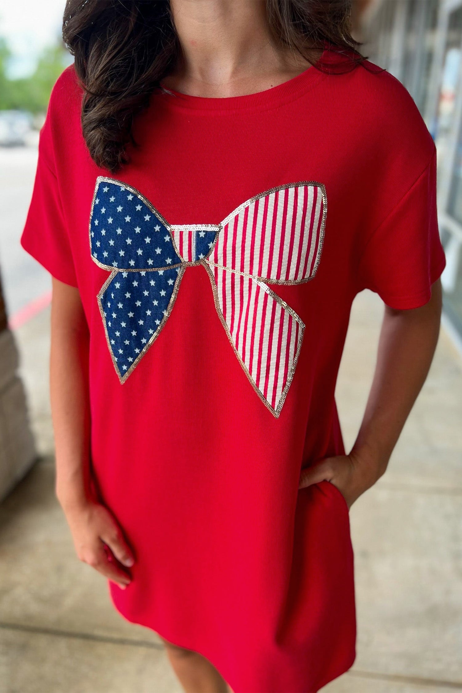 Stars &amp; Stripes Bow Sequin Trim Mini Dress