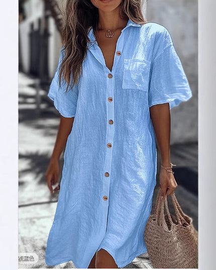 Casual Solid Shirt Dress Lady Fashion Short Sleeve Button Loose Dresses Women Elegant Office Skirt Womens Clothing Summer