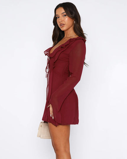 Sexy Ruffled V-neck Lace-up Long-sleeved Dress Fashion Y2K Skirt Slim Hip-covering Short Dresses For Womens Clothing