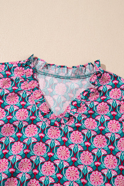 Floral Abstract V-Neck Ruffle Puff Sleeve Top