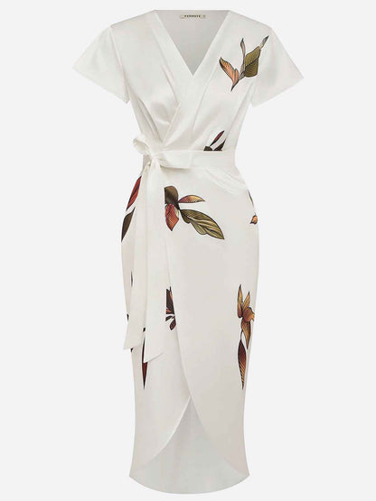European And American V-neck Short-sleeved Lace-up Digital Printed Dress