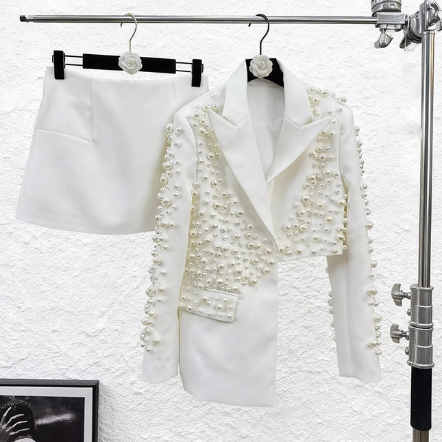 Womens Fashionable Deep V-Neck Heavy-Detailed Beaded Blazer And Skirt Set