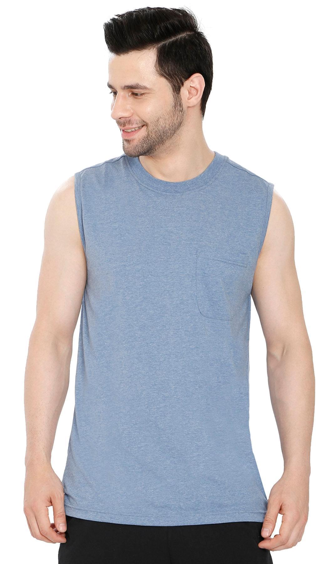 Men’s Sleeveless Crew Neck T-Shirt – Regular Fit, Heavier Cotton Blend Jersey with Chest Pocket
