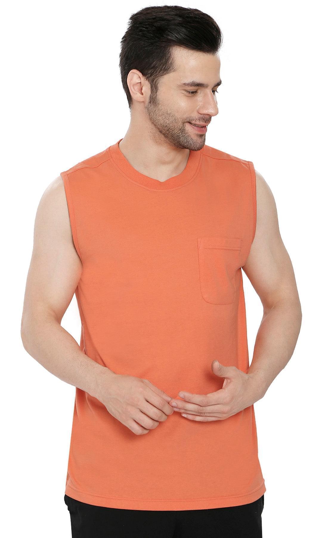 Men’s Sleeveless Crew Neck T-Shirt – Regular Fit, Heavier Cotton Blend Jersey with Chest Pocket