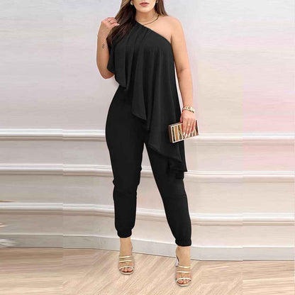 Printed One-shoulder Ruffled Jumpsuit