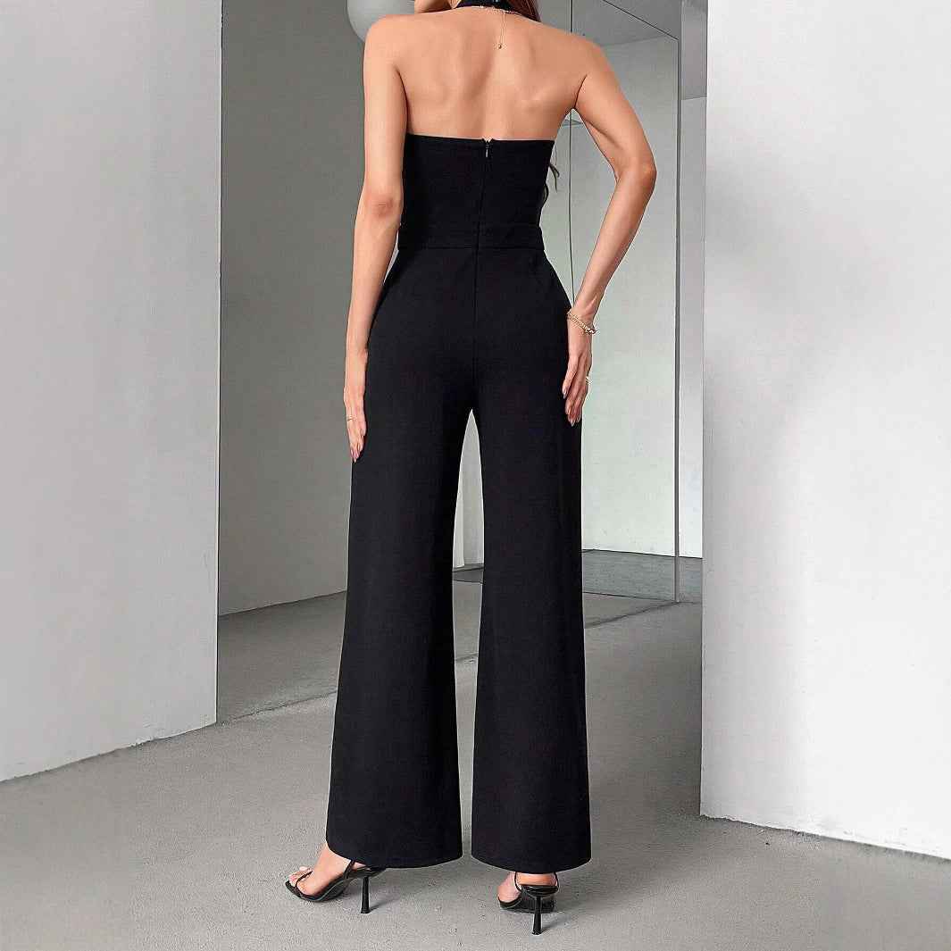 Black And White Straight Leg Halter Jumpsuit