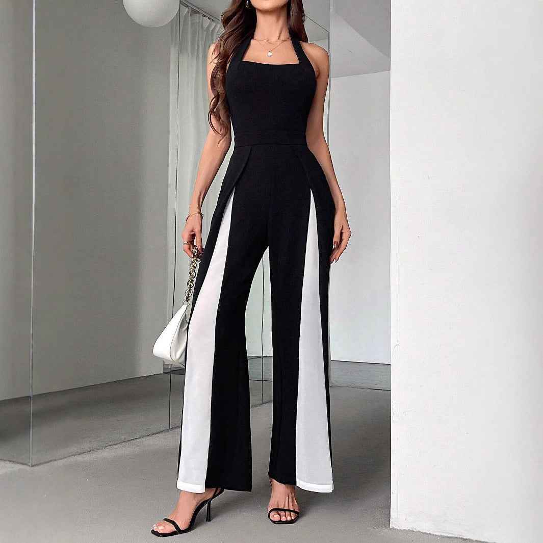 Black And White Straight Leg Halter Jumpsuit