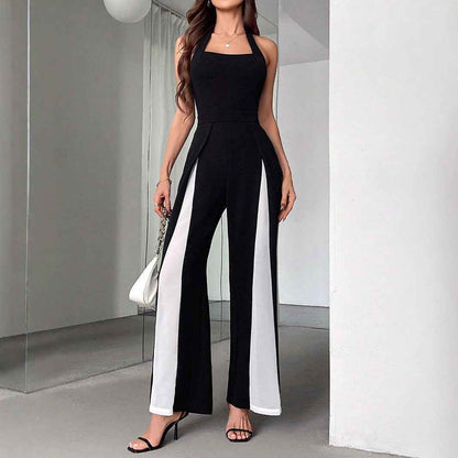 Black And White Straight Leg Halter Jumpsuit