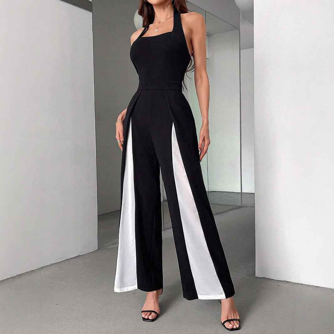 Black And White Straight Leg Halter Jumpsuit