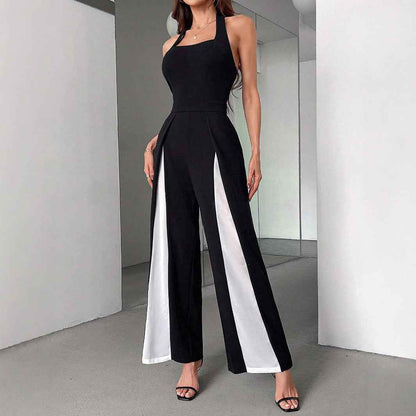 Black And White Straight Leg Halter Jumpsuit