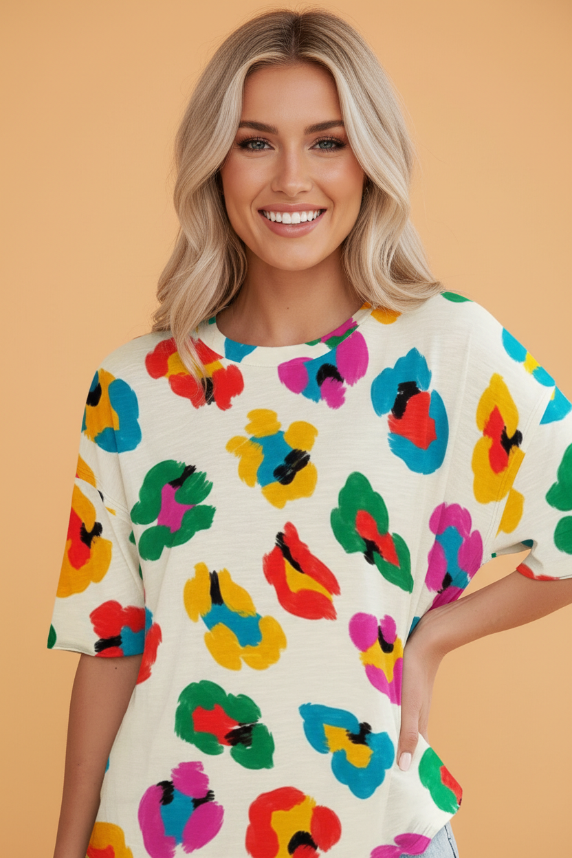 Leopard Drop Shoulder Short Sleeve Oversize Tee
