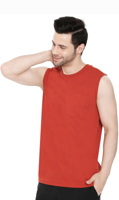 Men’s Sleeveless Crew Neck T-Shirt – Regular Fit, Heavier Cotton Blend Jersey with Chest Pocket