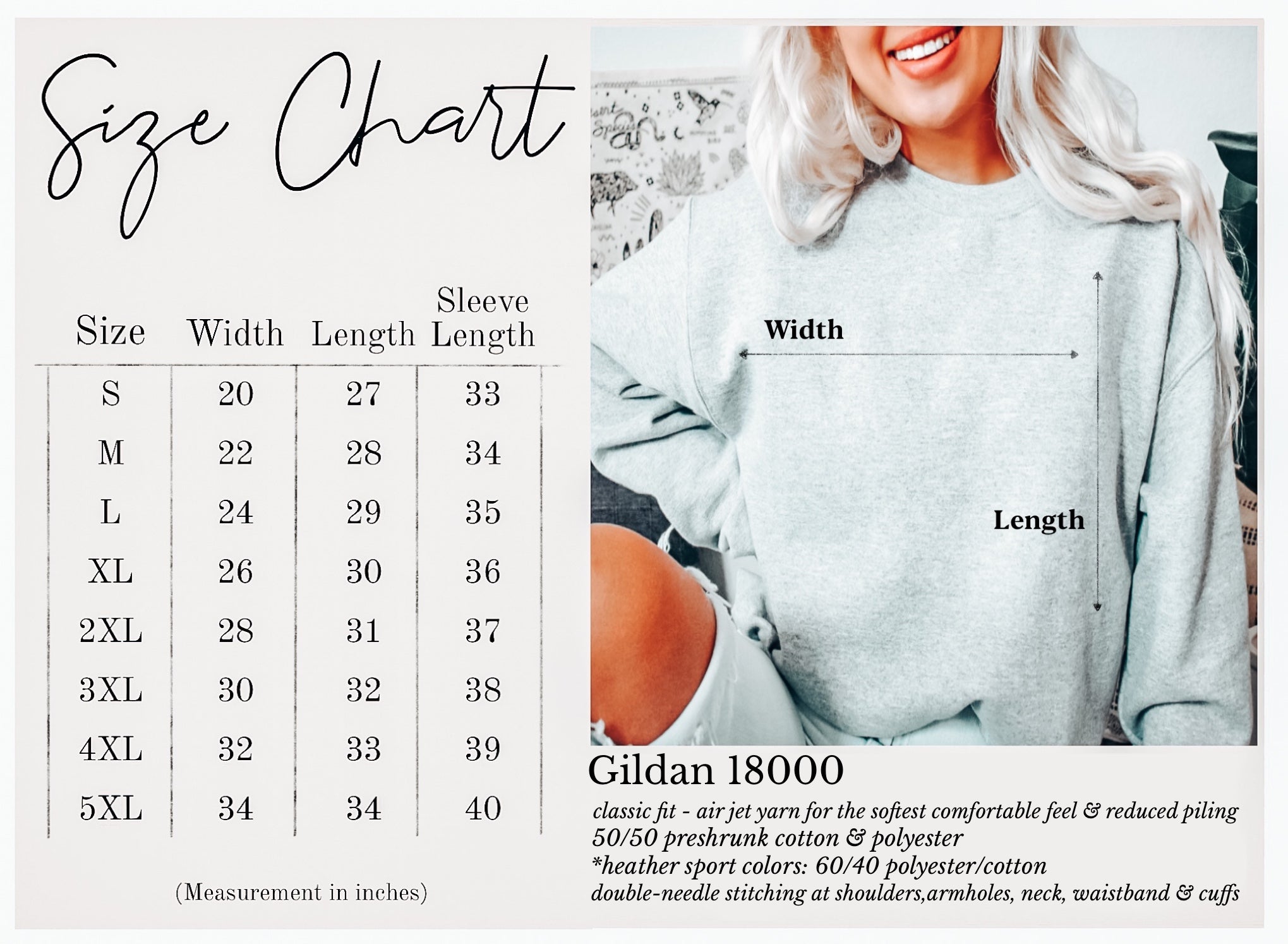 Moody 7am Sweatshirt 7 Colors S-3X Size Chart with measurements and fabric details.