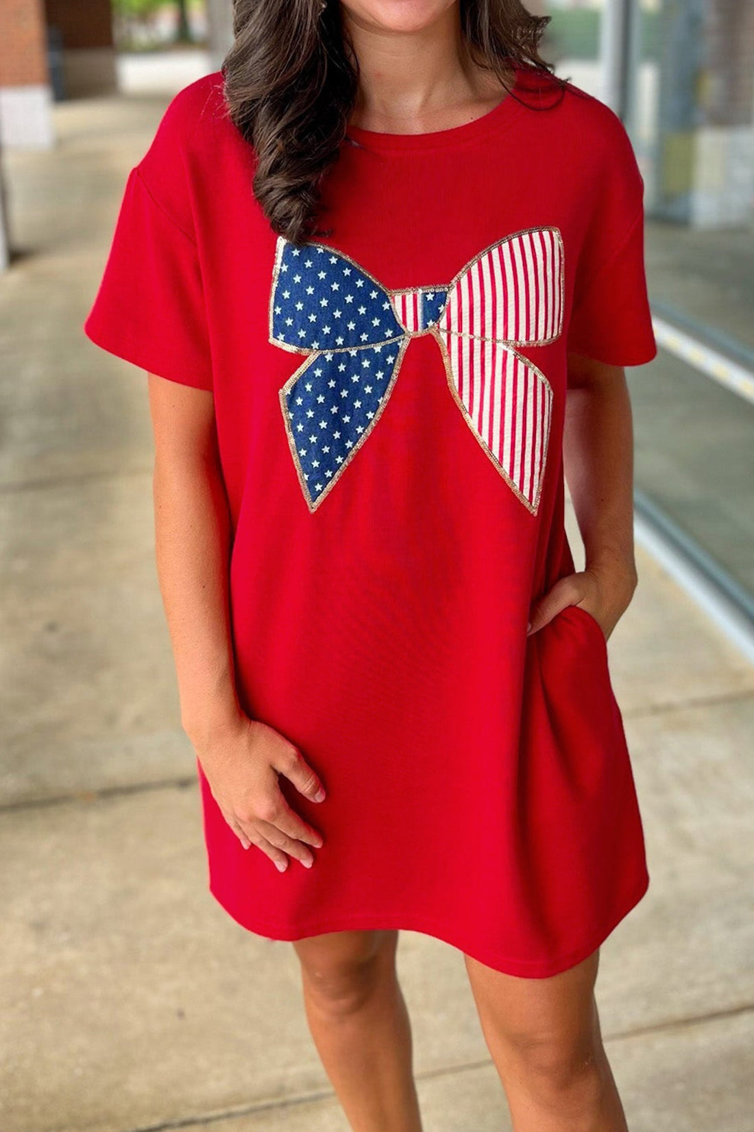Stars &amp; Stripes Bow Sequin Trim Mini Dress