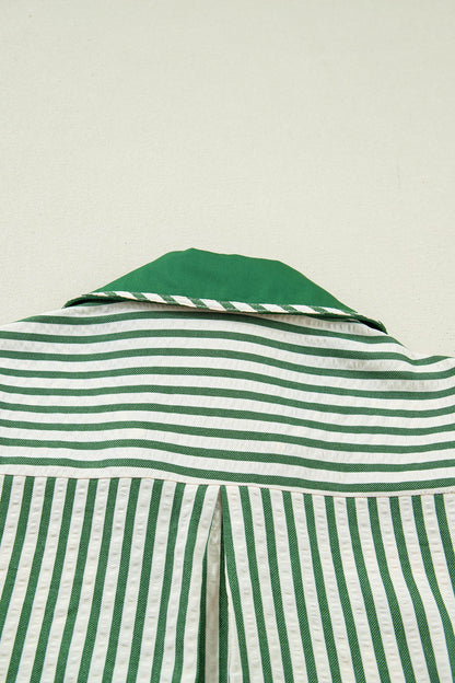 Stripe Collared V-Neck Bubble Sleeve Blouse