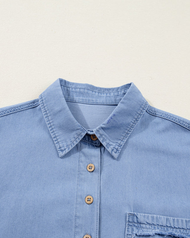 Denim Chambray Drop Shoulder 3/4 Sleeve Shirt