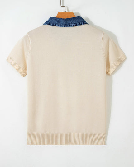 Denim Patchwork Polo Collar Short Sleeve Sweater