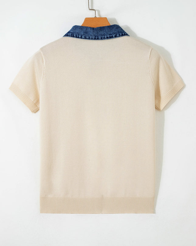 Denim Patchwork Polo Collar Short Sleeve Sweater