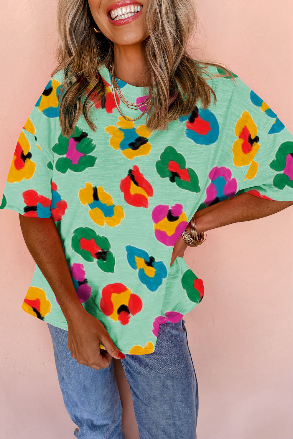 Leopard Drop Shoulder Short Sleeve Oversize Tee