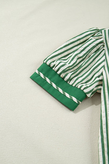 Stripe Collared V-Neck Bubble Sleeve Blouse
