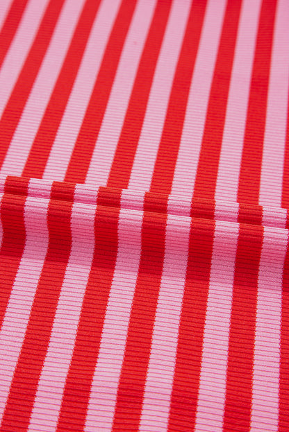 Stripe Ribbed Cap Sleeve Round Neck T-Shirt
