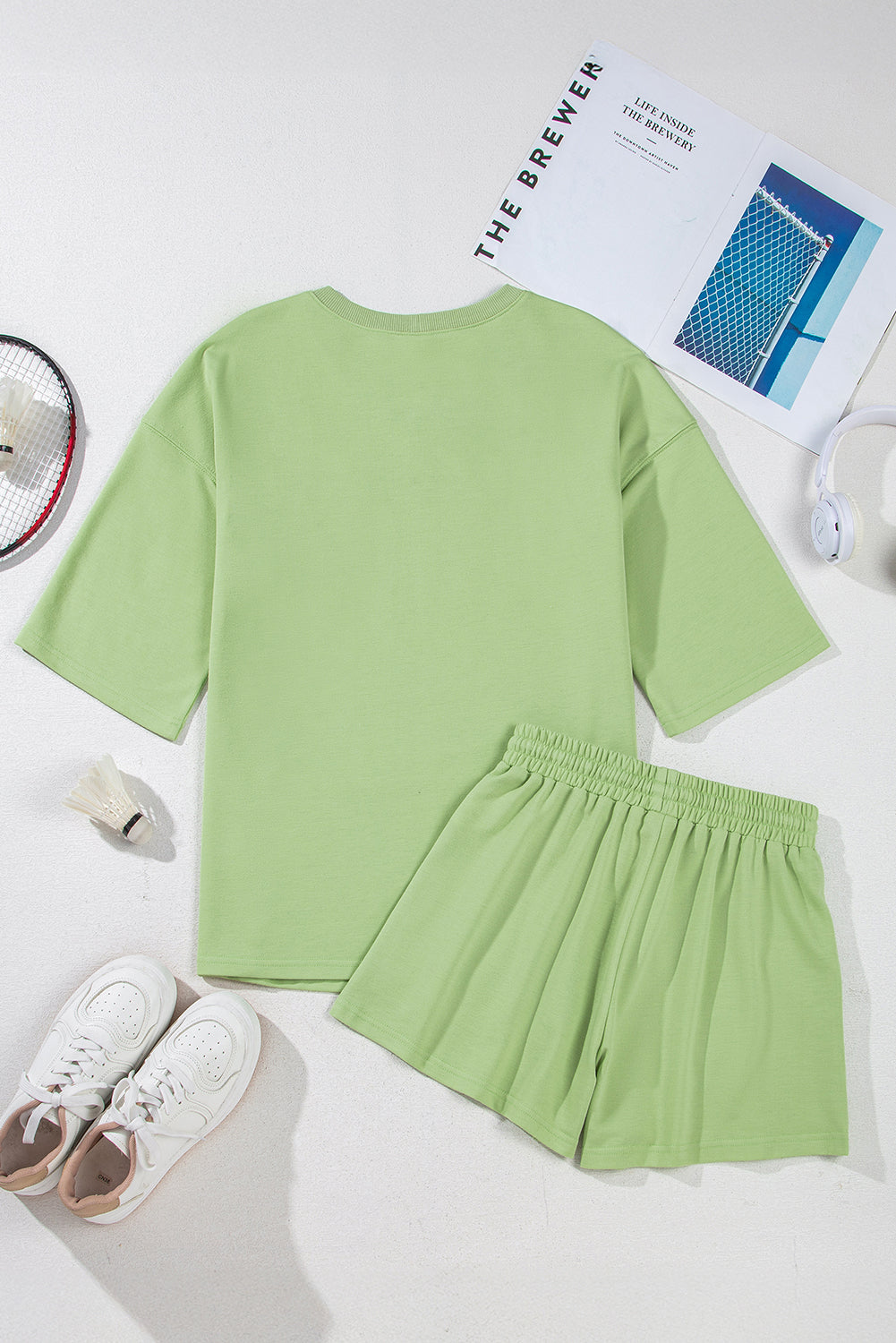 Solid Loose V-Neck Tee &amp; Drawstring Shorts Set