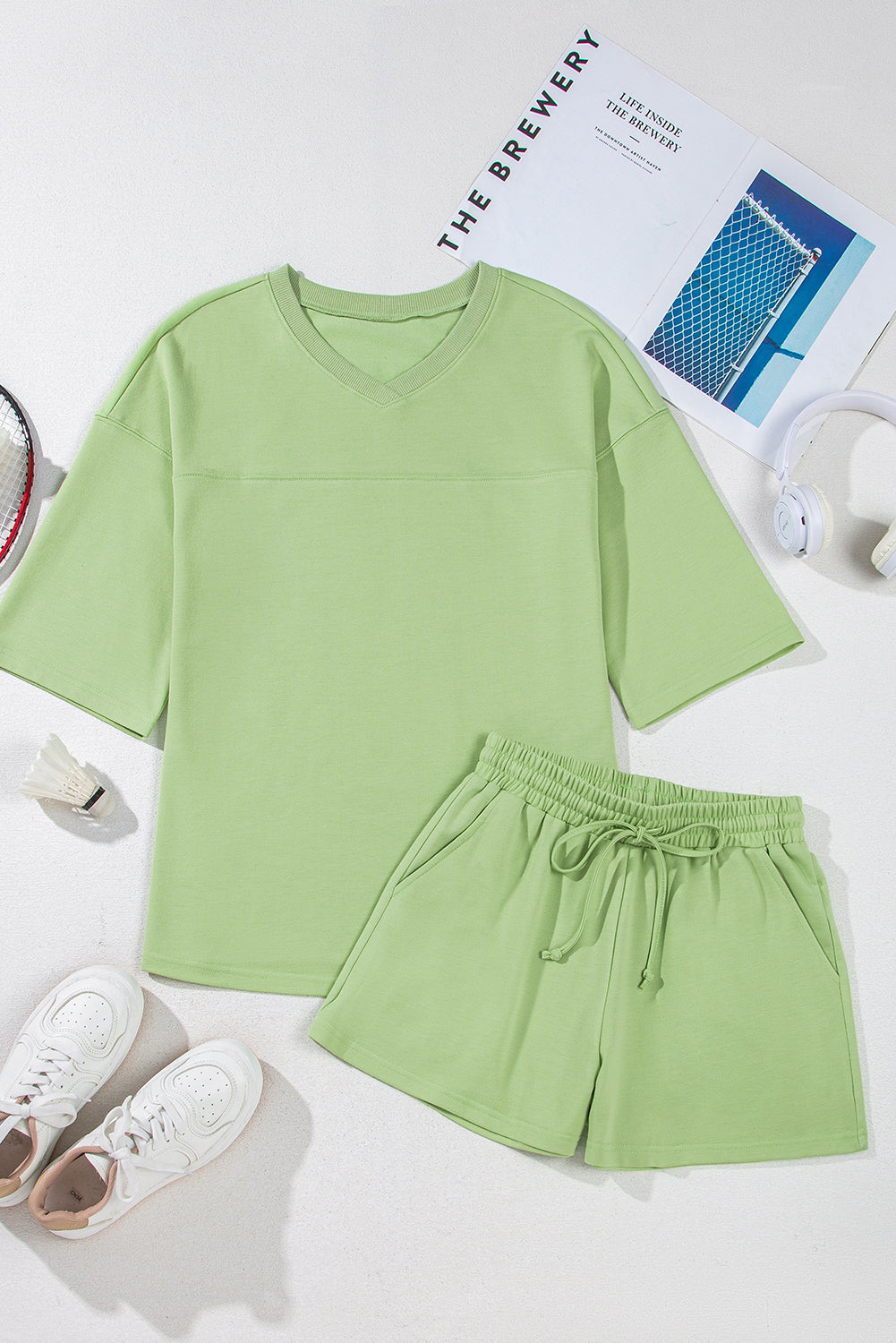 Solid Loose V-Neck Tee &amp; Drawstring Shorts Set