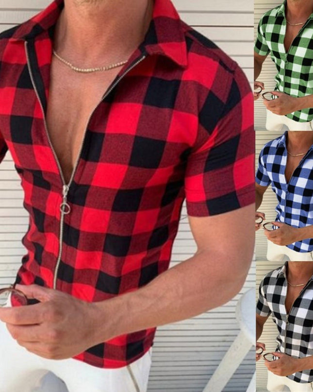 Plaid T Shirt Mens Zipper Short Sleeve Shirts Summer Men Clothing