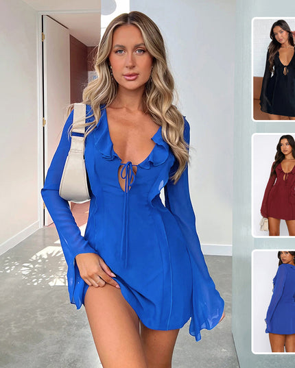 Sexy Ruffled V-neck Lace-up Long-sleeved Dress Fashion Y2K Skirt Slim Hip-covering Short Dresses For Womens Clothing