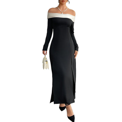 Female One Shoulder Patchwork Slim Long Dress