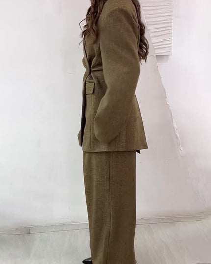 Solid Color Slit Back Buttoned Waist Blazer & High Waist Pants Set