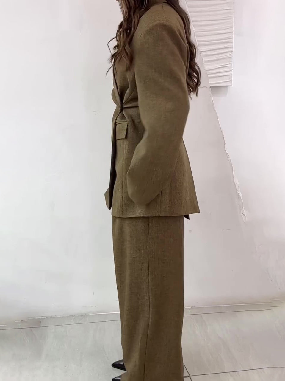 Solid Color Slit Back Buttoned Waist Blazer &amp; High Waist Pants Set