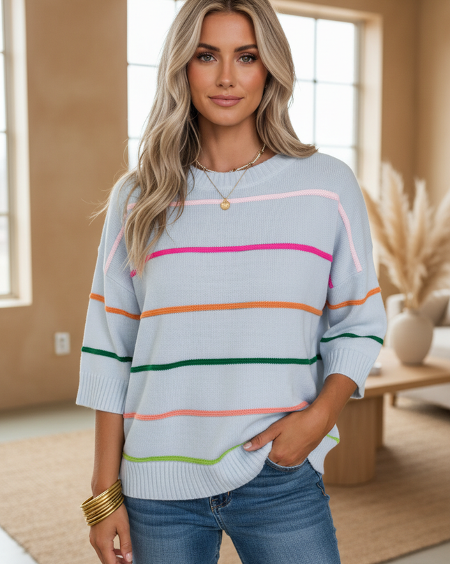 Colorblock Stripe 3/4 Sleeve Drop Shoulder Sweater