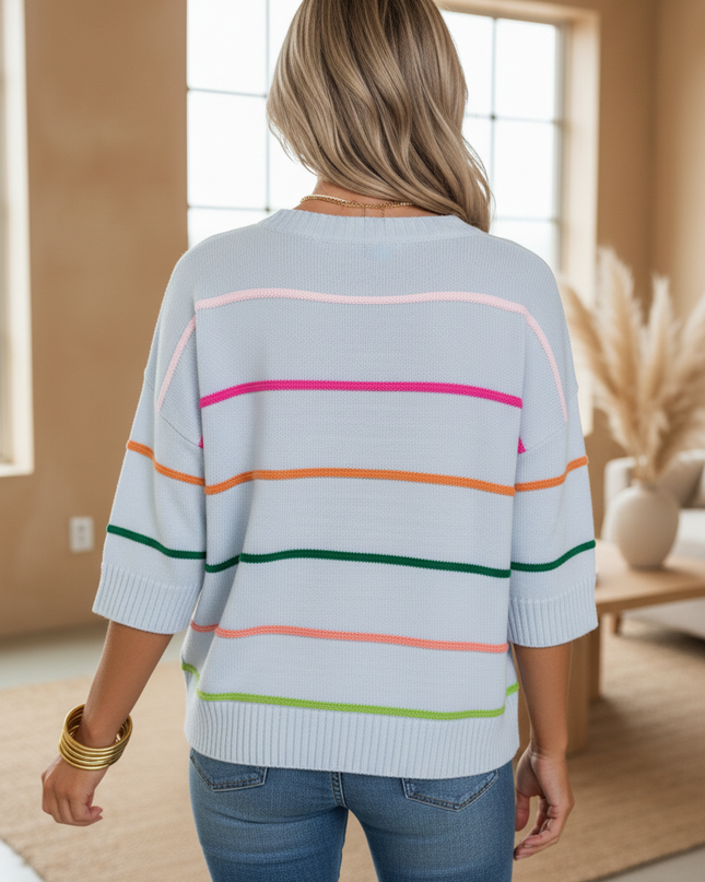 Colorblock Stripe 3/4 Sleeve Drop Shoulder Sweater