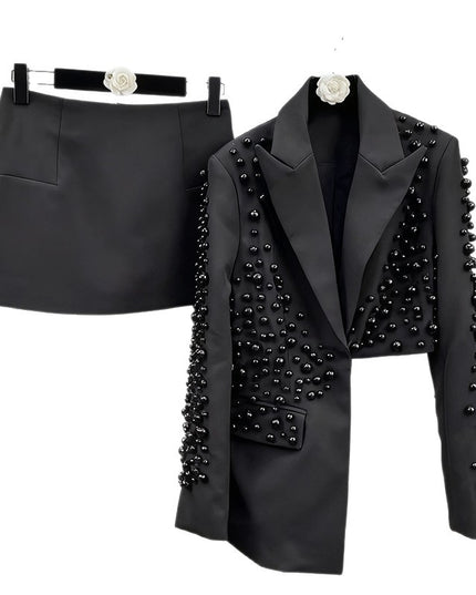 Womens Fashionable Deep V-Neck Heavy-Detailed Beaded Blazer And Skirt Set