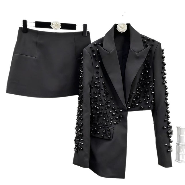 Womens Fashionable Deep V-Neck Heavy-Detailed Beaded Blazer And Skirt Set