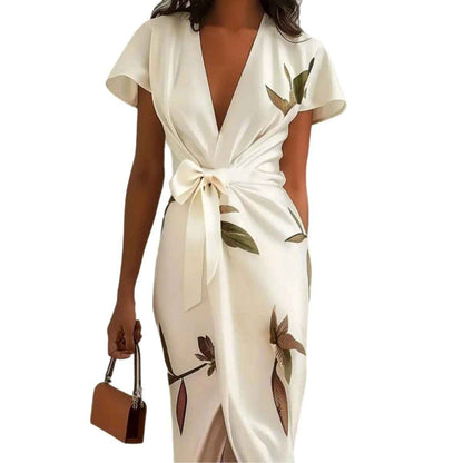 European And American V-neck Short-sleeved Lace-up Digital Printed Dress