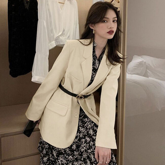 Beige Blazer In British Style, Trendy Set With A Black Top