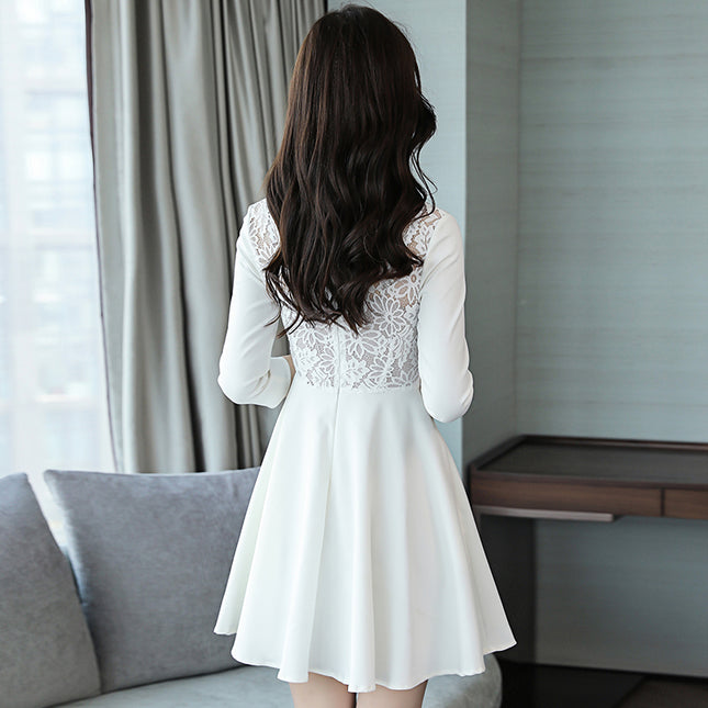 Dresses Pure Color V-collar Mid-waist Zipper Korean A-shaped Skirt Spring Long Sleeve Skirt Lace A