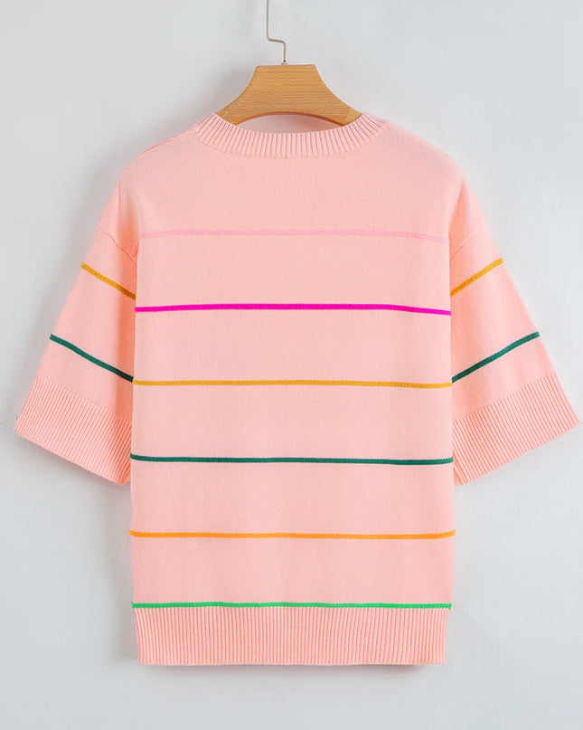 Colorblock Stripe 3/4 Sleeve Drop Shoulder Sweater