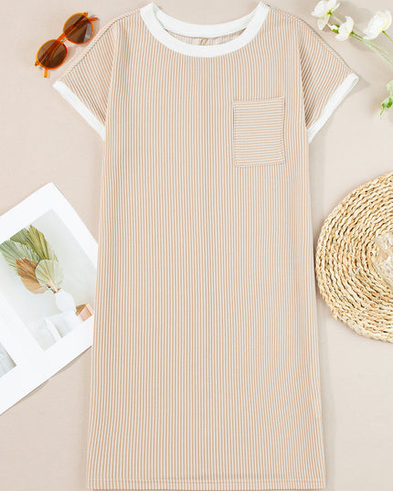 Colorblock Corded Knit Chest Pocket T-Shirt Dress