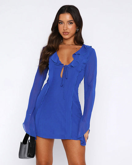 Sexy Ruffled V-neck Lace-up Long-sleeved Dress Fashion Y2K Skirt Slim Hip-covering Short Dresses For Womens Clothing